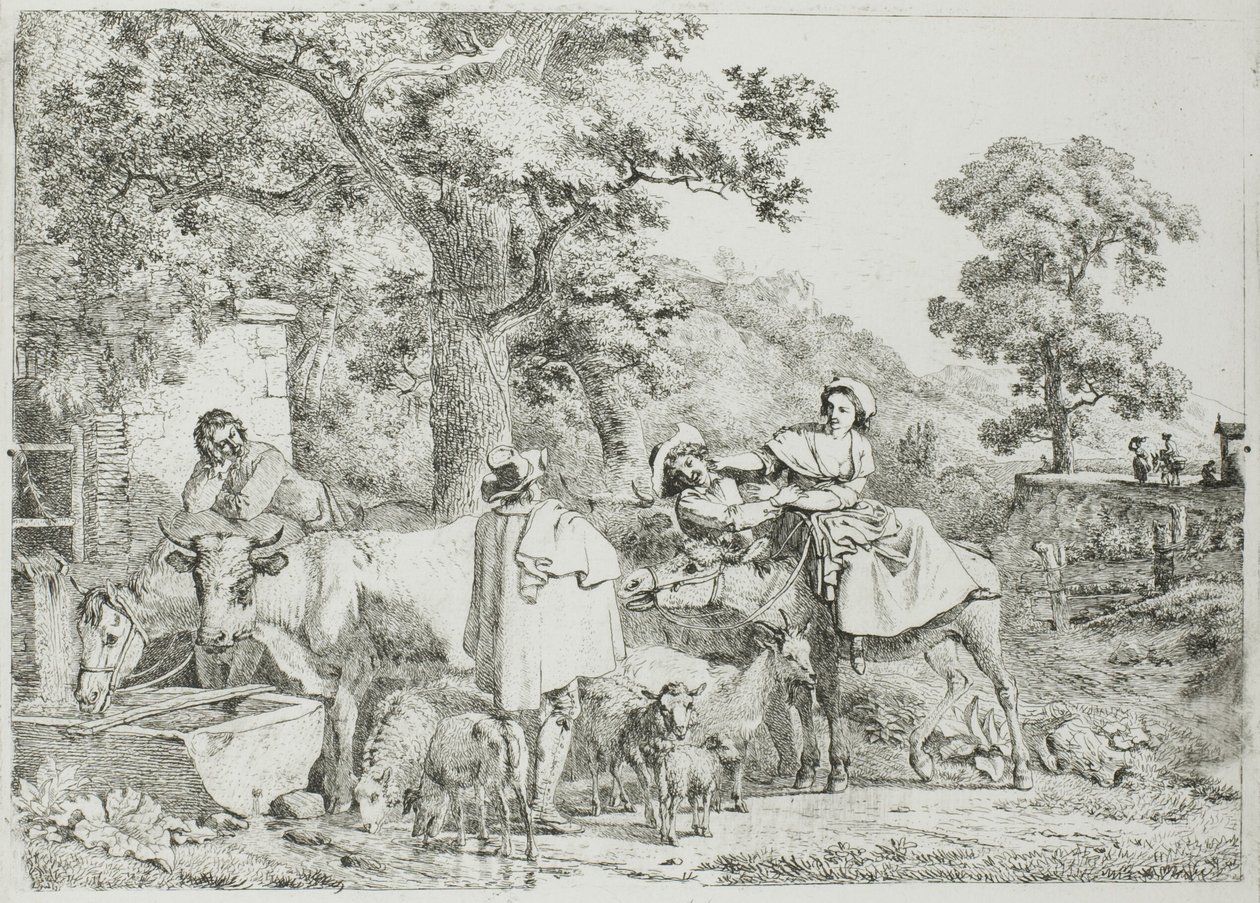 Koe en paard bij de trog door Jean Louis De Marne