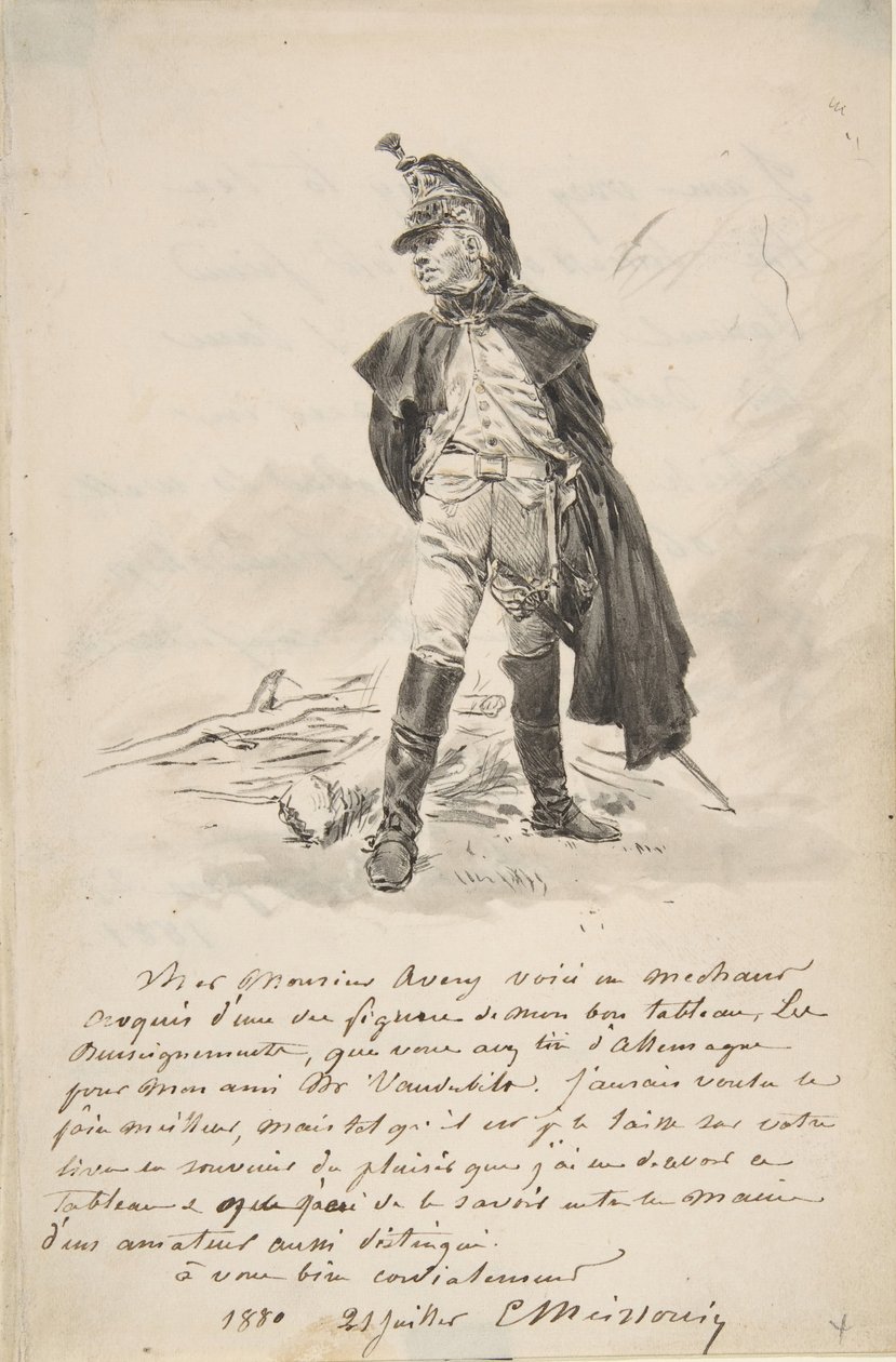 Brief aan Samuel P. Avery met een tekening van een militaire figuur, 1880 door Jean Louis Ernest Meissonier