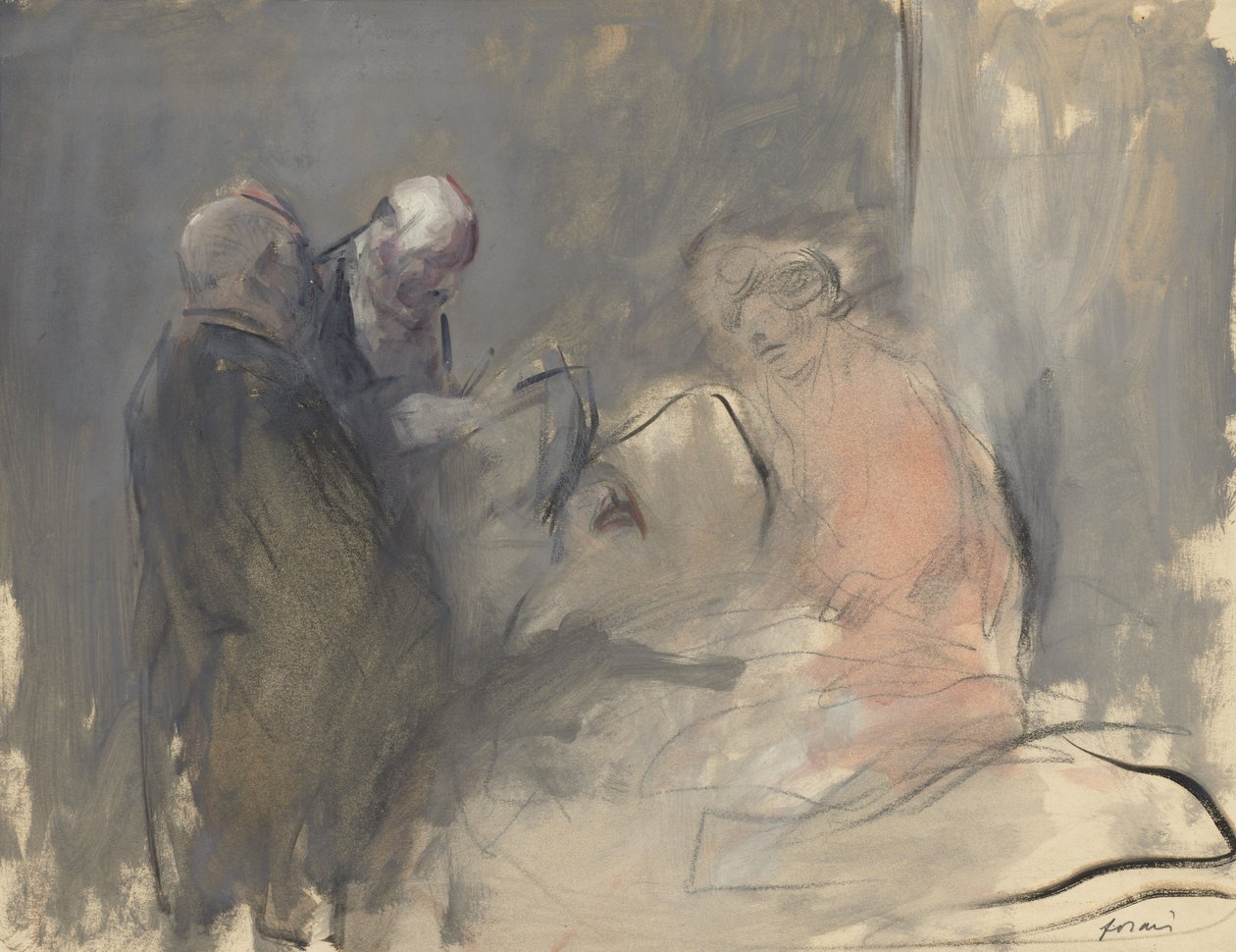 In het ziekenhuis recto Schets voor In het ziekenhuis verso door Jean-Louis Forain
