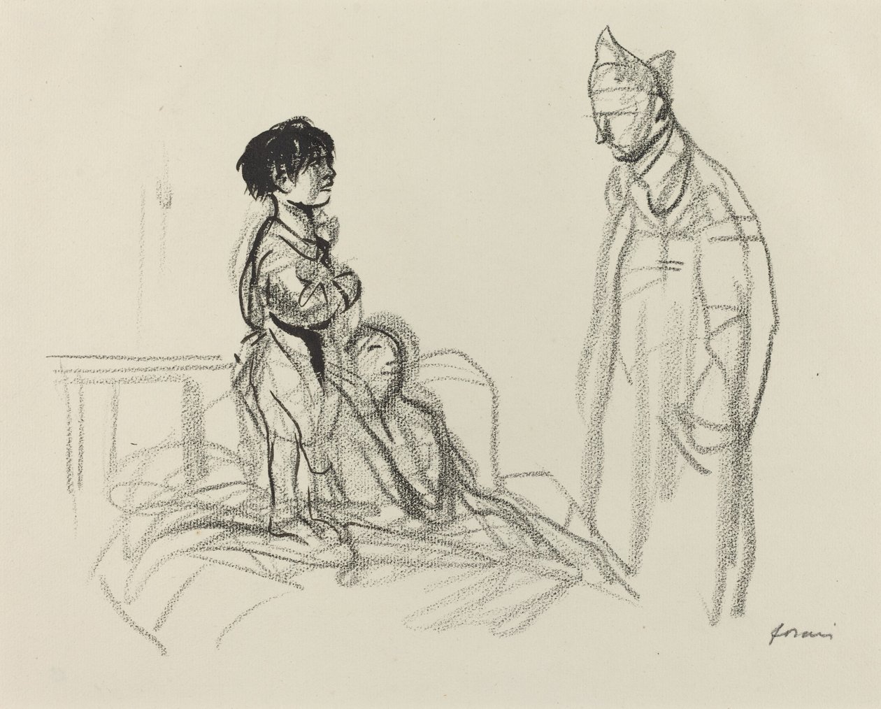 Moeder en kind bezocht door soldaat in ziekenhuis door Jean Louis Forain