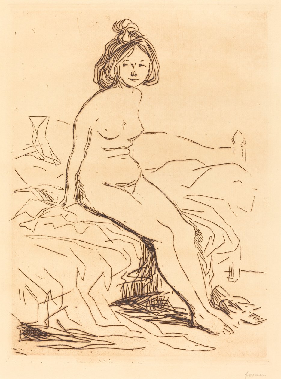 Naakte vrouw, zittend op haar bed, vooraanzicht door Jean Louis Forain