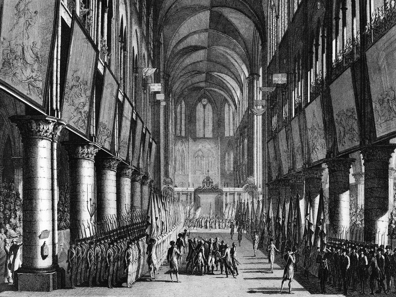 Franse Revolutie: Zegening van de vlaggen van de Nationale Garde door Monseigneur Juigne in de Notre Dame op 27 september door Jean Louis II (after) Prieur