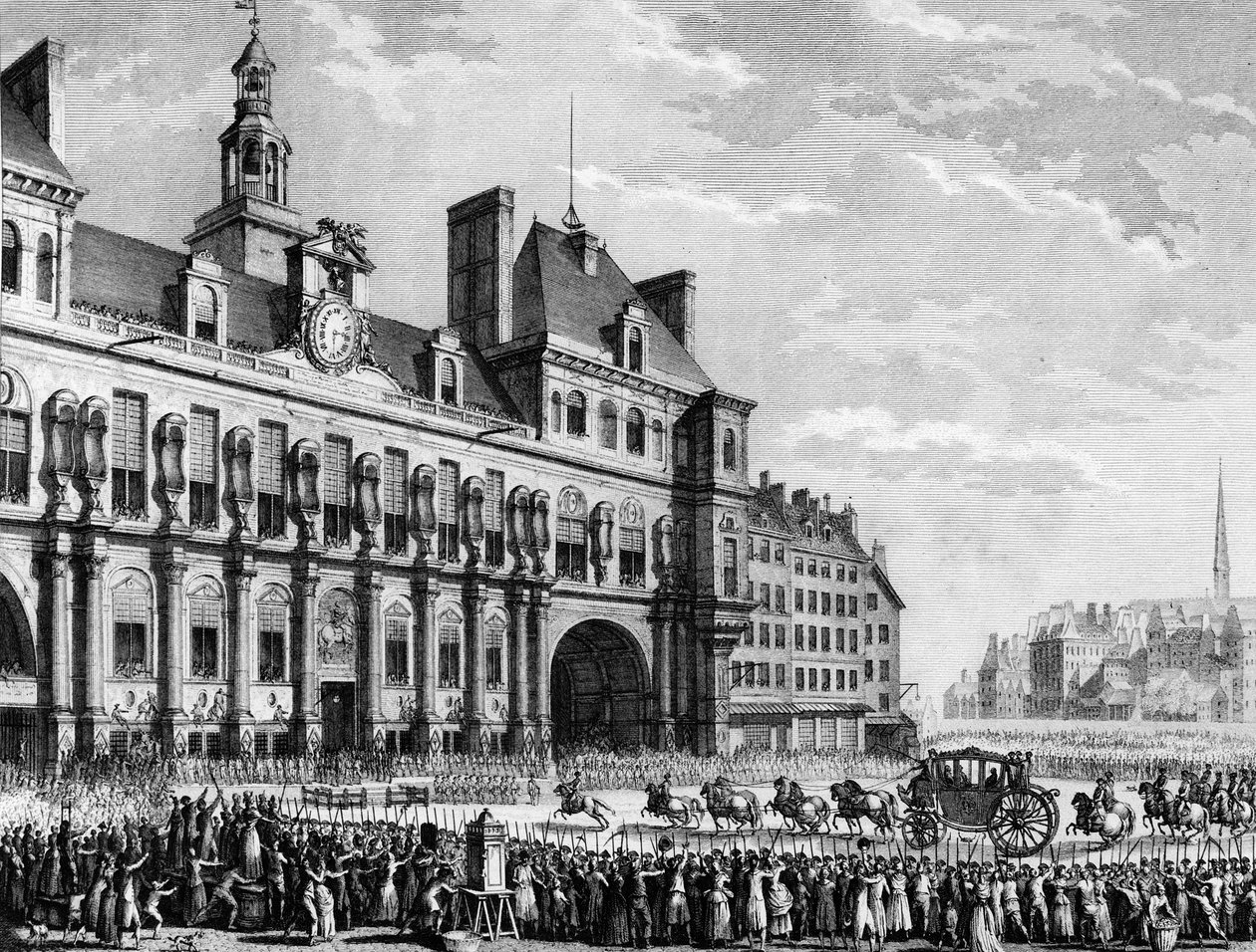 Franse Revolutie: Koning Louis XVI arriveert in het stadhuis van Parijs op 17 juli door Jean Louis II (after) Prieur
