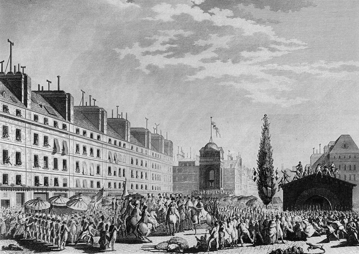 Franse Revolutie: Proclamatie van de Grondwet op Place du Marche des Innocents in Parijs op 14 september door Jean Louis II (after) Prieur