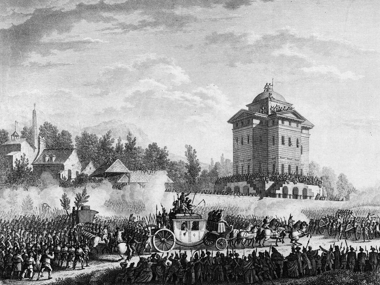 Franse Revolutie: Terugkeer van de koninklijke familie na de arrestatie in Varennes op 20 en 21 juni 1791: koning Lodewijk XVI en Marie Antoinette werden op 25 juni 1791 teruggebracht naar Parijs. Gravure naar een tekening van Prior. Parijs, Bibliotheek va door Jean Louis II (after) Prieur
