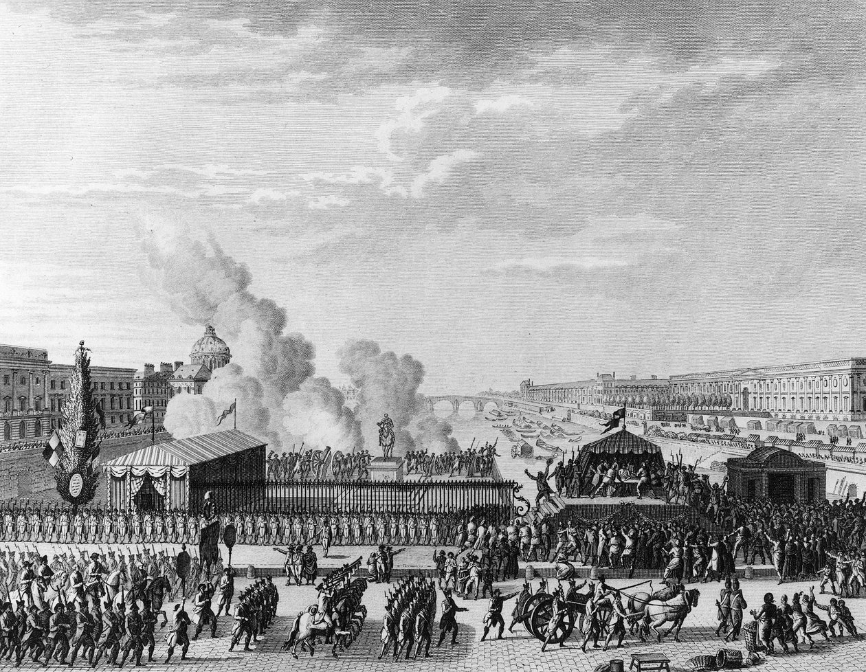 Franse Revolutie: Vrijwilligers op Pont Neuf in Parijs, 22 juli door Jean Louis II (after) Prieur
