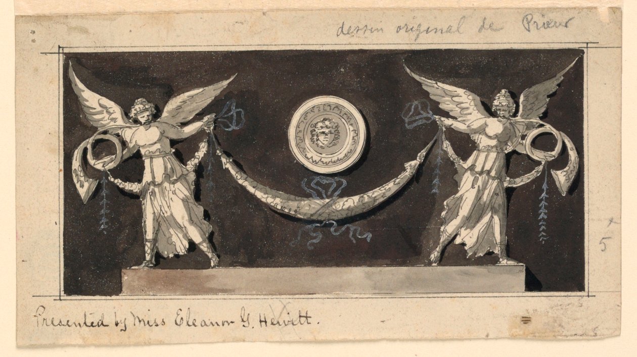 Decoratief paneel: Roem ondersteunt een guirlande onder een medaillon door Jean Louis Prieur the Younger