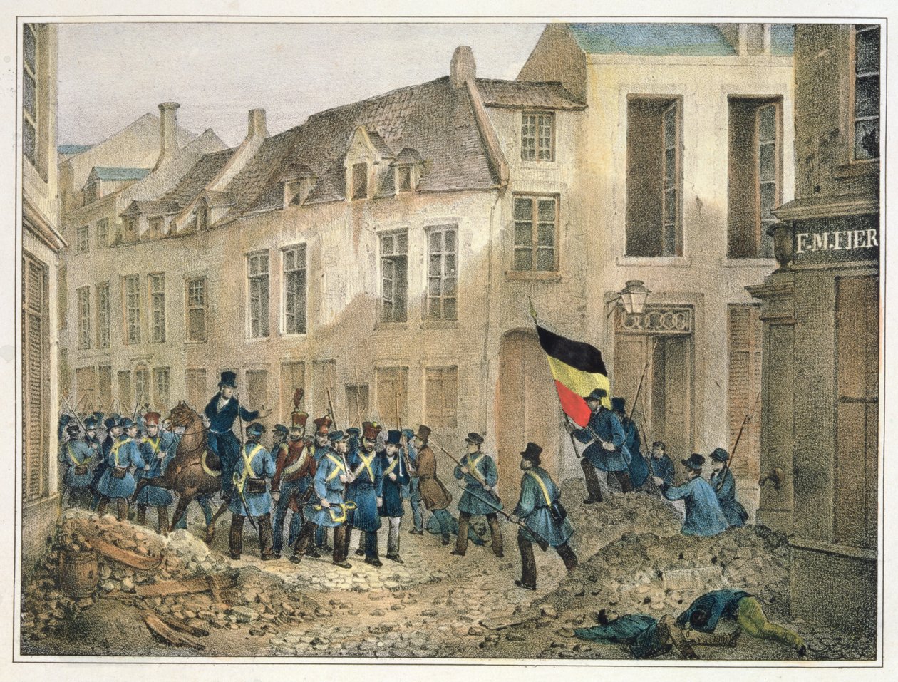 De Rue de Louvain, Brussel, 23 september 1830, gegraveerd door A.M. Jobard door Jean Louis Van Hemelryck