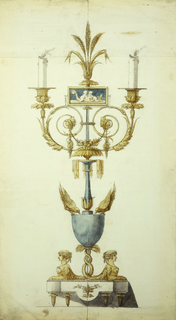 Ontwerp voor een verguld bronzen en geëmailleerde kandelaar door Jean Louis the Younger Prieur