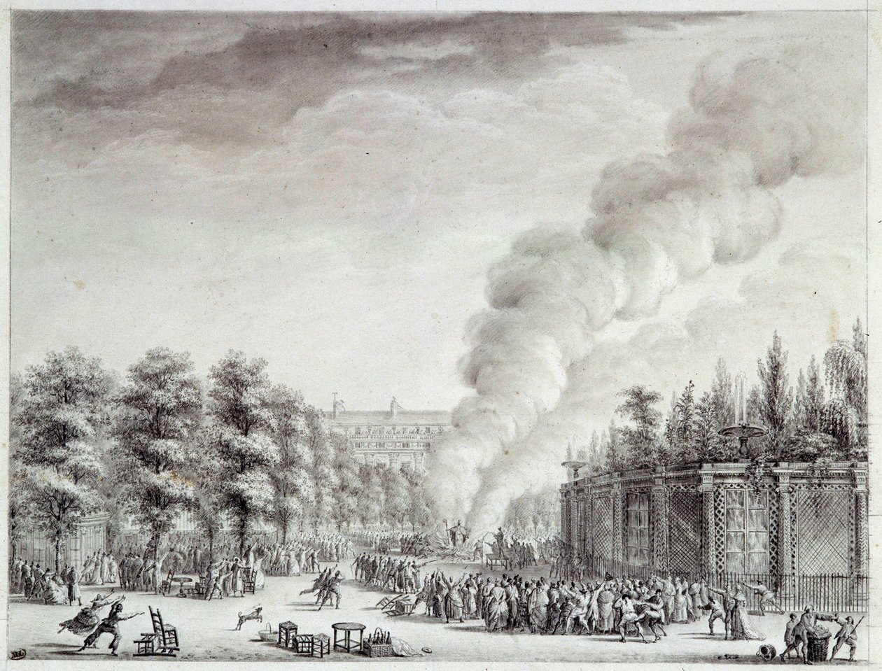 Franse Revolutie: Model van de paus verbrandt in het Palais-Royal, 6 april door Jean Louis the Younger Prieur