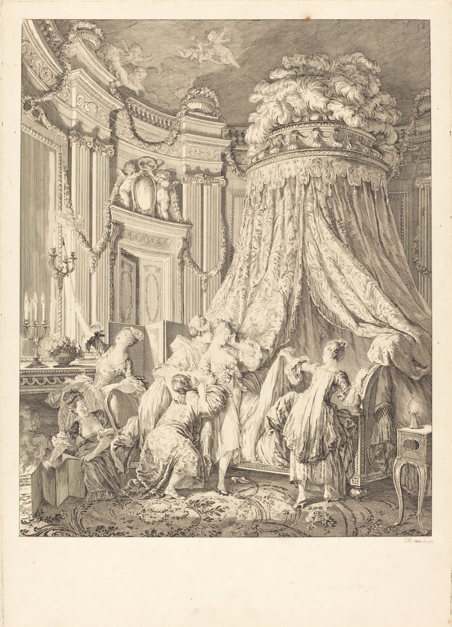 Het naar bed brengen van de bruid door Jean Michel Moreau after Pierre Antoine Baudouin