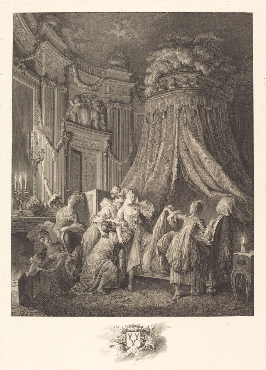Het naar bed brengen van de bruid door Jean Michel Moreau and Jean Baptiste Blaise Simonet after Pierre Antoine Baudouin