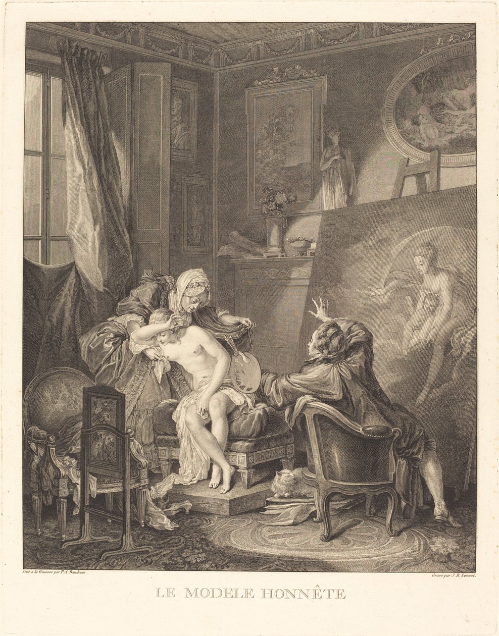 Het eerlijke model door Jean Michel Moreau and Jean Baptiste Blaise Simonet after Pierre Antoine Baudouin