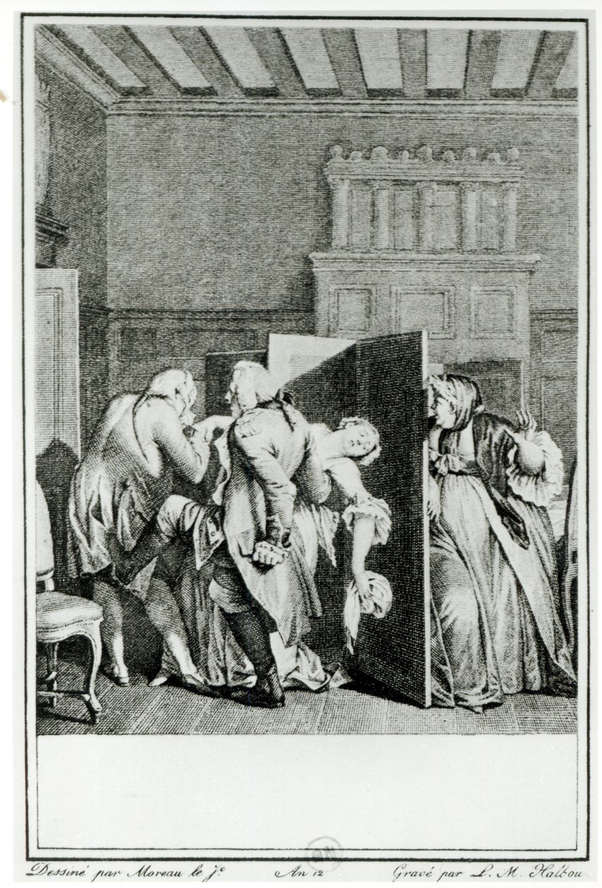 De baron... begroette Candide met enkele opmerkelijke schoppen op de achterste en dreef hem de deur uit, illustratie uit hoofdstuk 1 van Candide door François Voltaire (1694-1778) gegraveerd door Louis Michel Halbou door Jean Michel the Younger Moreau