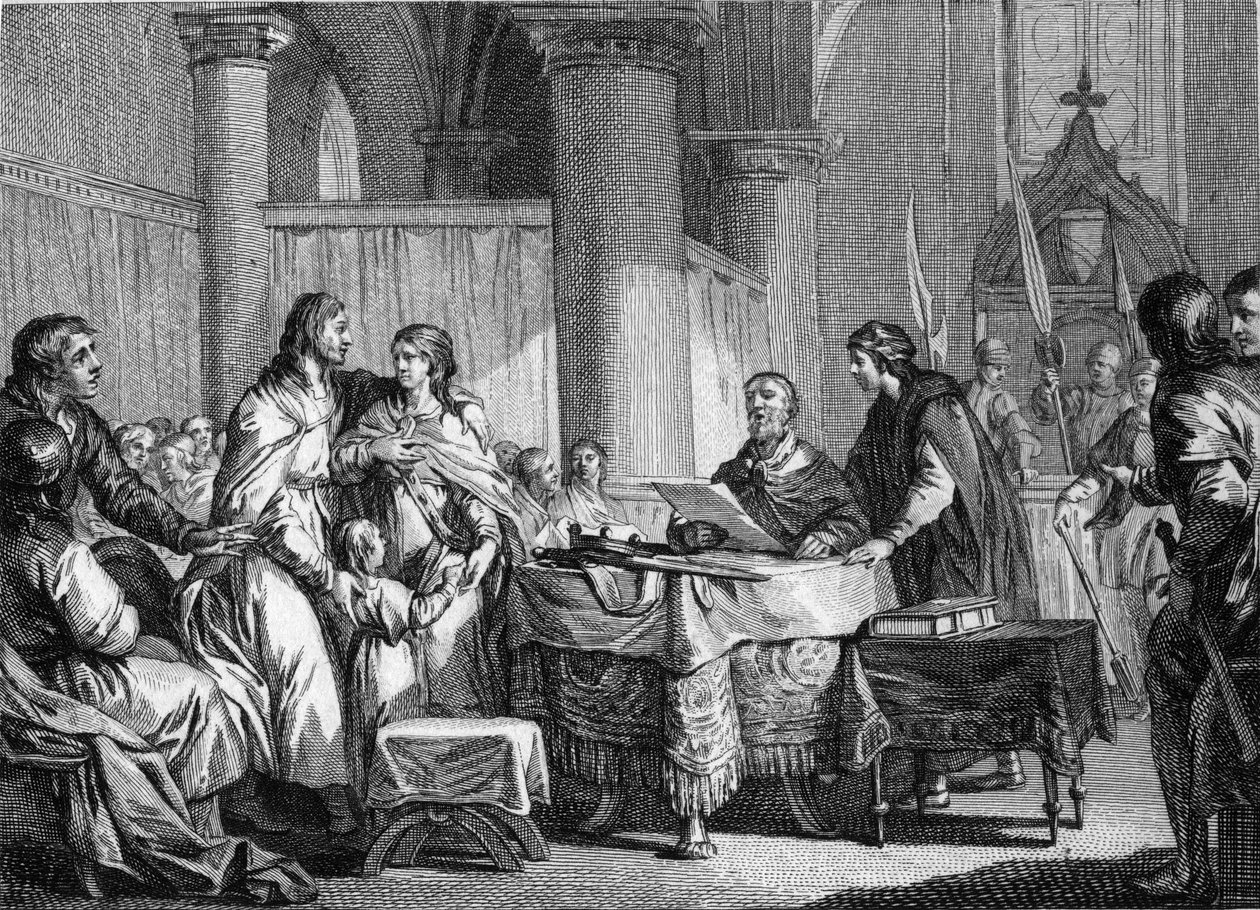 Abdicatie van Carloman (ca. 715-754), burgemeester van het paleis van Austrasië, ten gunste van zijn broer, Pepijn III genaamd Pepijn de Korte (714-768), 747. Gravure door Jean Michel Moreau, genaamd Moreau le Jeune (1741-1814) door Jean Michel the Younger Moreau