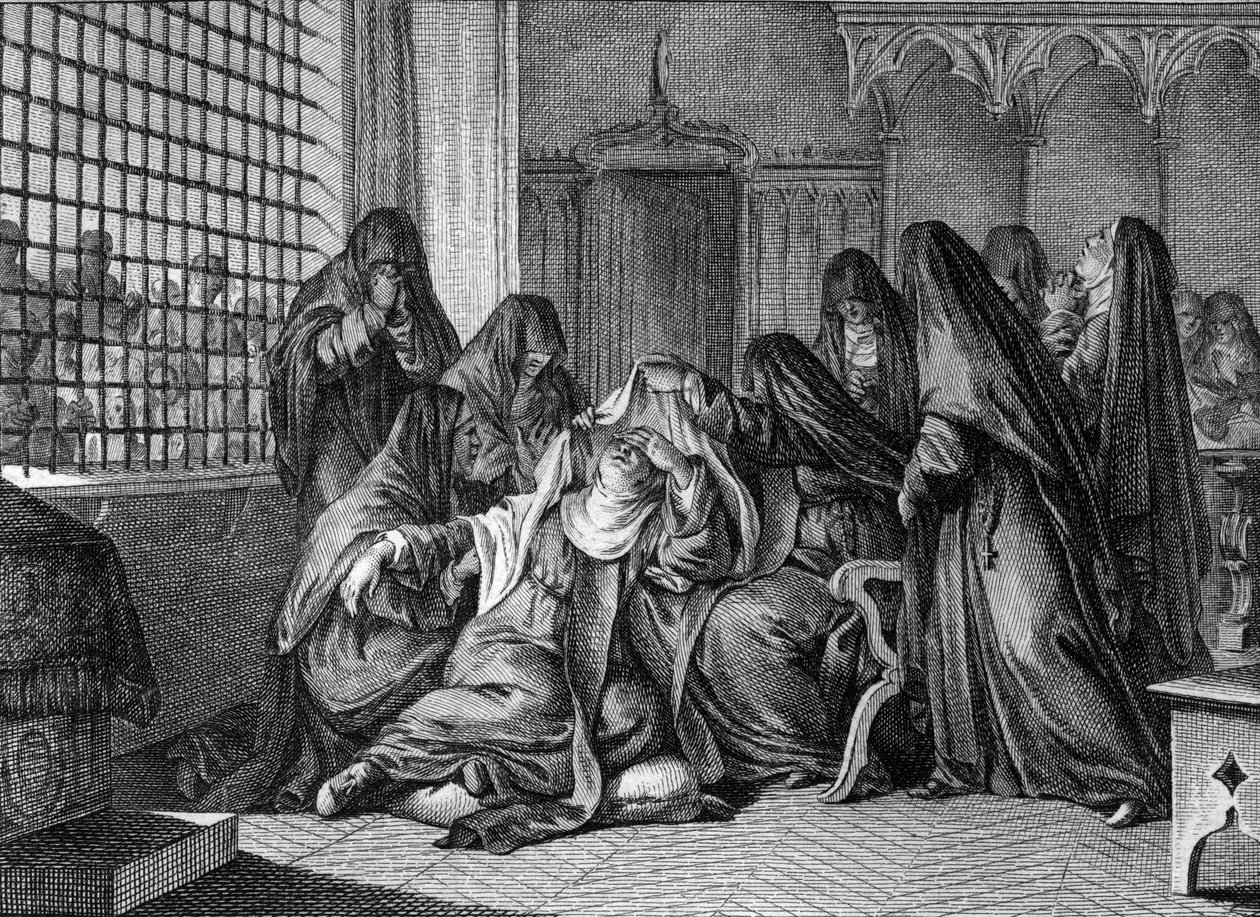 Abelard en Heloise: Heloise neemt de sluier aan in de abdij van de vrouwen van Argenteuil. Gravure door Jean Michel Moreau, genaamd Moreau le Jeune door Jean Michel the Younger Moreau