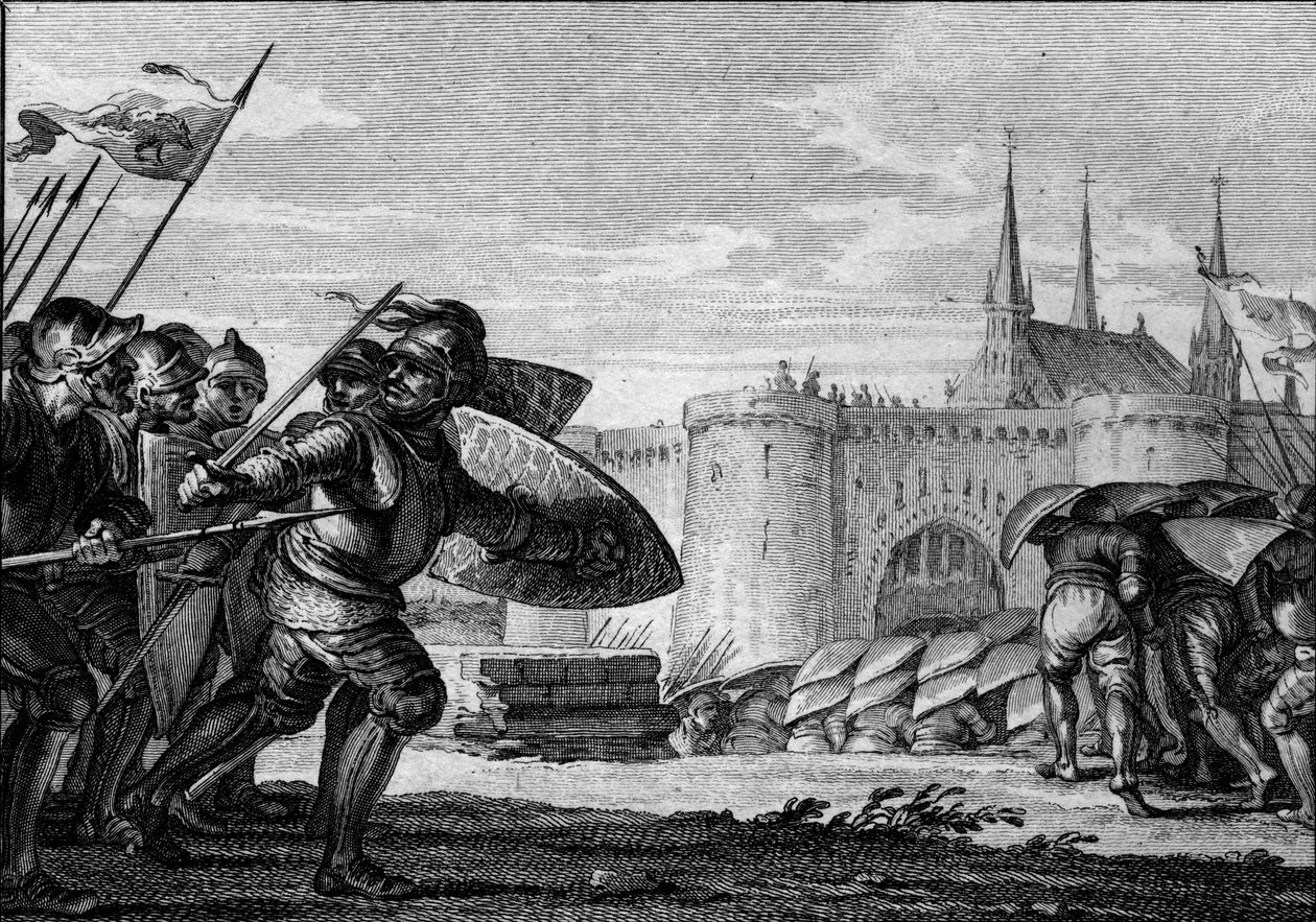 Vikingleger valt Saint Germain des Pres en zijn abdij aan. 9e eeuw (regering van Karel II de Kale). Gravure door Jean Michel Moreau, genaamd Moreau le Jeune door Jean Michel the Younger Moreau