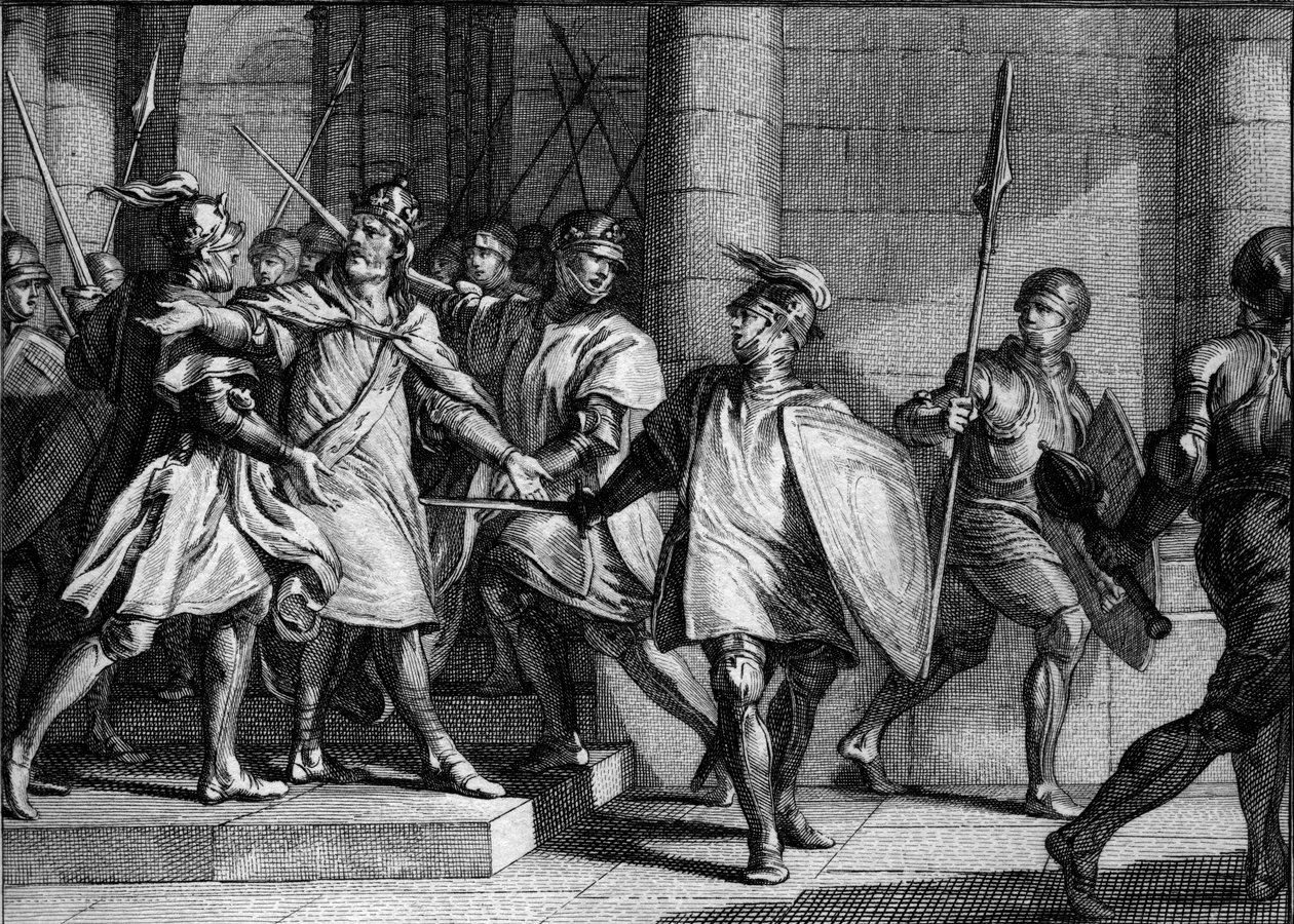 Arrestatie van Lodewijk I de Vrome of de Goedmoedige (778-840), 830: zijn drie zonen (Lothaire, Pepijn en Lodewijk) komen in opstand tegen zijn besluit om zijn jongste zoon, de toekomstige Karel de Kale, in zijn opvolging op te nemen. Gravure door Jean Mic door Jean Michel the Younger Moreau