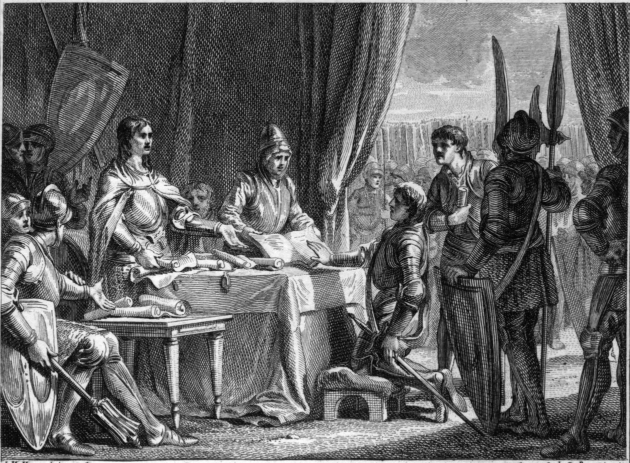 Karel Martel (688-741), koning van de Franken, verdeelt de goederen van de kerk onder zijn soldaten, 718. Gravure door Jean Michel Moreau, genaamd Moreau le Jeune (1741-1814) door Jean Michel the Younger Moreau