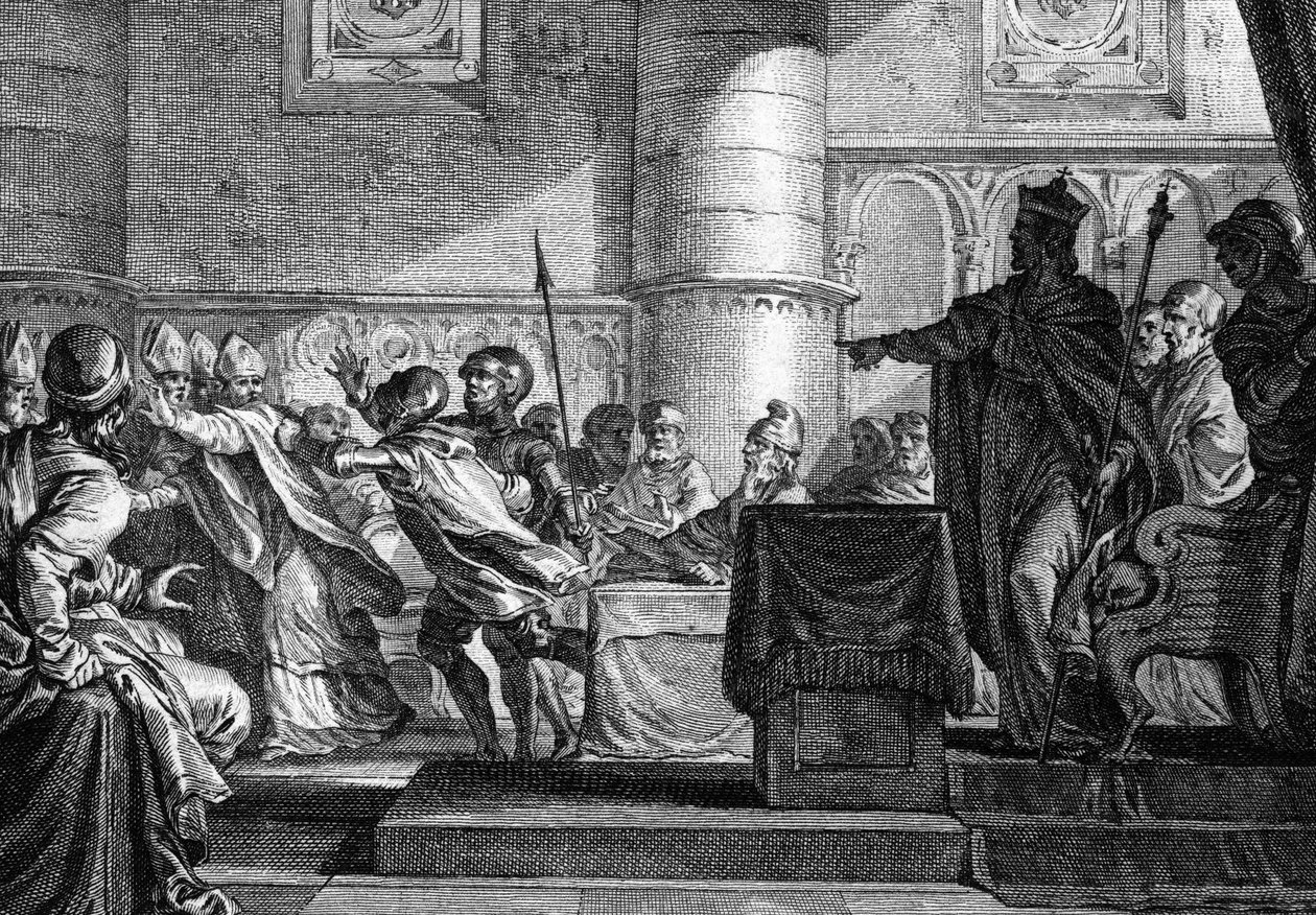 Geestelijkheid tussen geestelijkheid en adel verzameld in het Parlement in Epernay (Marne) door Karel de Kale (846). Gravure door J. P. Le Bas naar Moreau le jeune. 18e eeuw. door Jean Michel the Younger Moreau