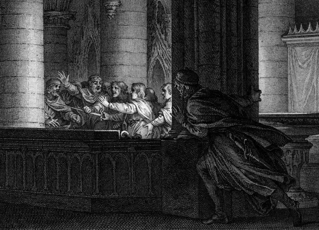 Samenzwering tegen Karel de Grote, 792: een heer betrapt het gesprek tussen samenzweerders die de moord op de koning van de Franken plannen. Onder hen Pepijn de Gebochelde, zoon van Karel de Grote. Gravure door Jean Michel Moreau, genaamd Moreau le Jeune door Jean Michel the Younger Moreau