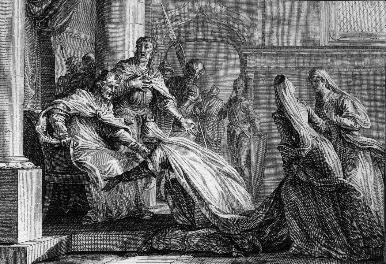 Emma van Frankrijk (894-934), zus van Hugo de Grote (897-956), knielt aan haar voeten. Getrouwd met Raoul van Bourgondië (of Rodolphe, 890-936), besloot ze, op verzoek van haar broer, de kroon van Frankrijk aan haar man te geven, verklarend 