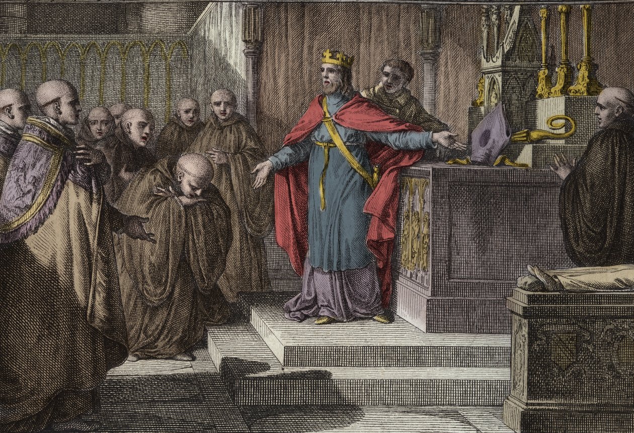 Hugues Capet (941-996) herstelde de canonieke verkiezingen: de koning van de Franken liet de monniken hun abten kiezen door een staf en een mijter op een altaar te plaatsen. Gravure door Jean Michel Moreau, genaamd Moreau le Jeune (1741-1814) door Jean Michel the Younger Moreau
