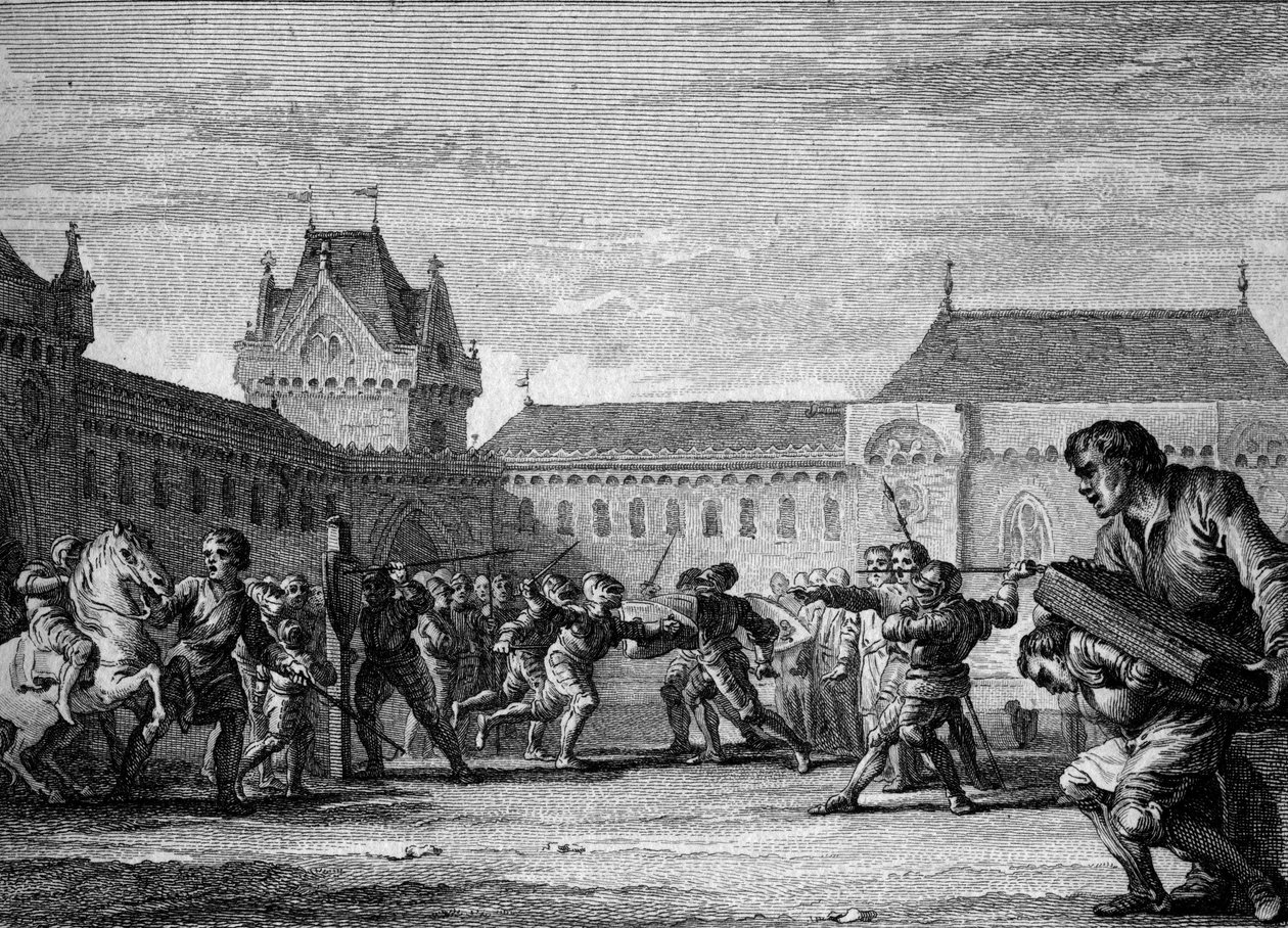 Instelling van pages: oprichting van opleiding in de fysieke en huishoudelijke taken van het pageberoep. Karolingische periode, regeerperiode van Karel de Grote, 8e-9e eeuw. Gravure door Jean Michel Moreau, genaamd Moreau le Jeune door Jean Michel the Younger Moreau