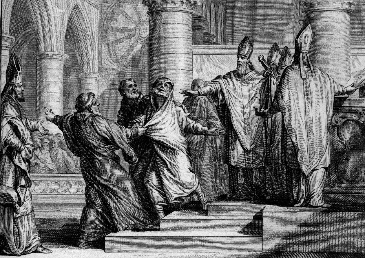 Boetedoening en afzetting van Lodewijk I de Vrome, 833: na zijn bekentenis wordt de koning ontdaan van keizerlijke ornamenten door de aartsbisschop van Reims, daarna bedekt met een boetekleed. Gravure door Jean Michel Moreau, genaamd Moreau le Jeune door Jean Michel the Younger Moreau