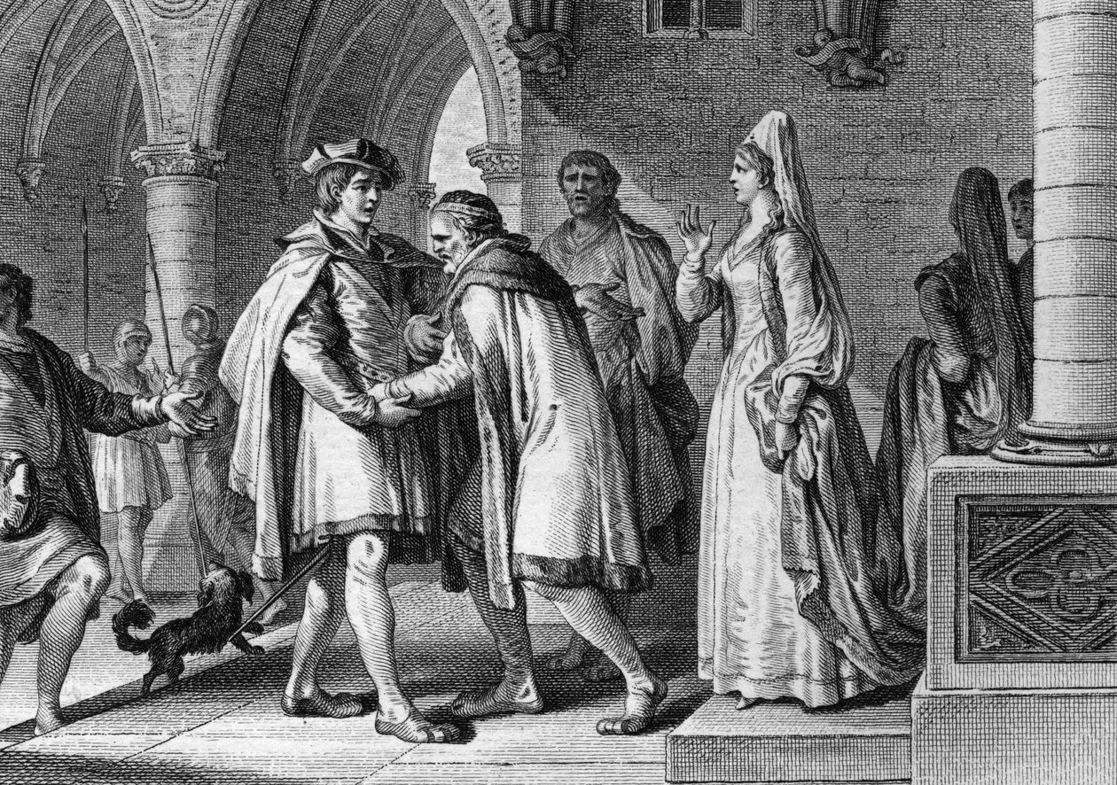 Filips I (1052-1108), koning van de Franken, bezoekt het hof van de graaf van Anjou, Foulques le Rechin (1042-1109). Deze reis is een voorwendsel om zijn huwelijk met Bertrade de Montfort (ca. 1070-1118), vrouw van de graaf, te regelen. 1095. Gravure door  door Jean Michel the Younger Moreau