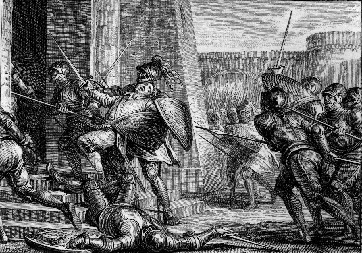 Robert de Sterke stierf (circa 815-866), hertog van Frankrijk, tijdens de Slag bij Brissarthe in 866, waarbij de Franken tegenover een leger van Bretons en Vikingen stonden. Gravure door Jean Michel Moreau, genaamd Moreau le Jeune door Jean Michel the Younger Moreau
