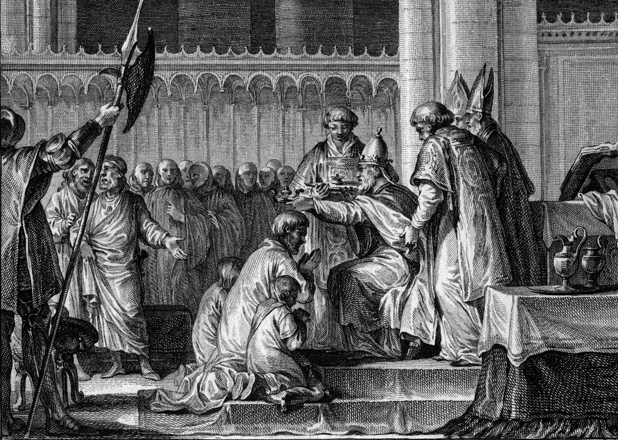 Heilige Pepijn de Korte (714-768), Basiliek van Saint Denis, 28 juli 754: Paus Stefanus II wijdde hem tot koning van de Franken en Patricius van de Romeinen. Aan zijn zijde zijn twee zonen, Carloman en Karel (de toekomstige Karel de Grote). Gravure door Jean Michel the Younger Moreau