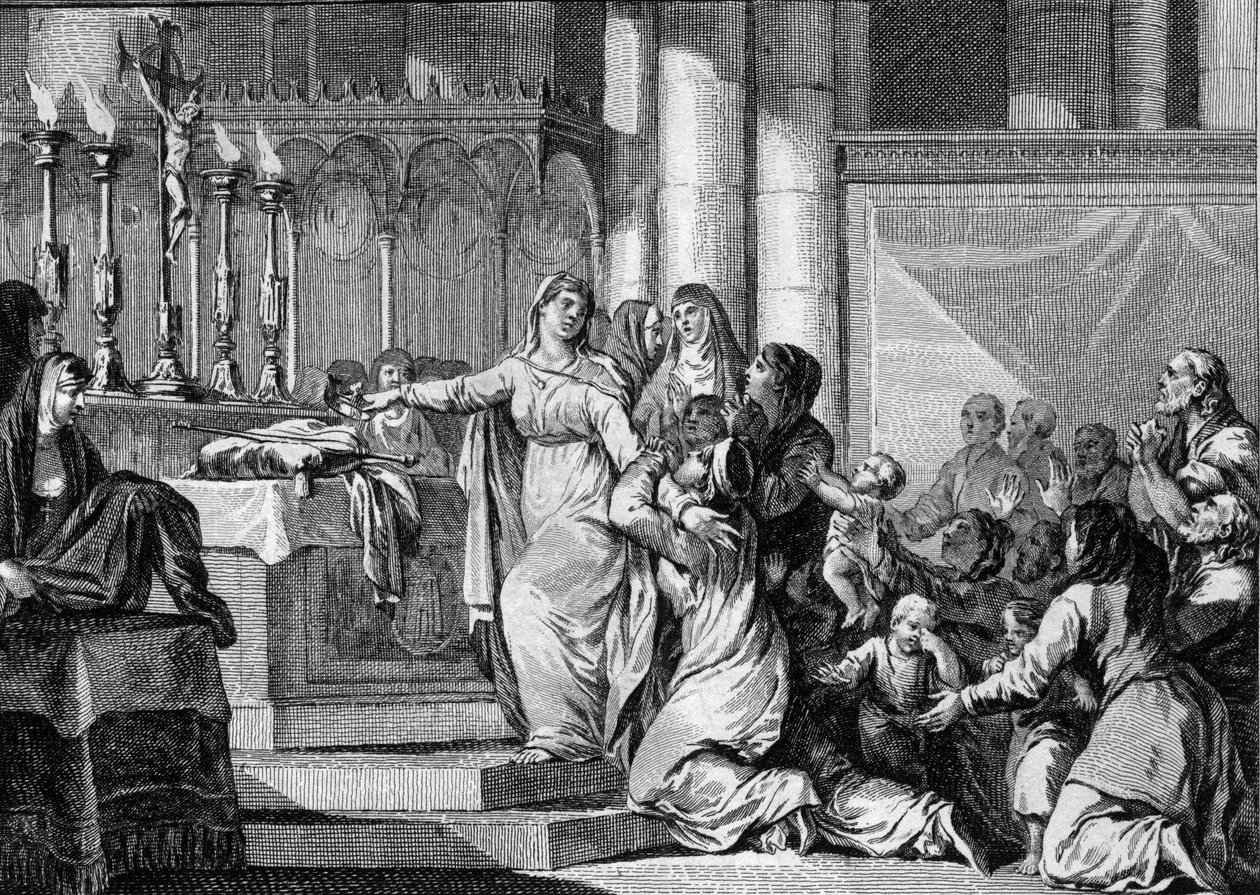 Sainte Bathilde (626-680), koningin van de Franken en weduwe van Clovis II, besloot in 665 de sluier aan te nemen in het klooster van Chelles. Haar onderdanen proberen haar te stoppen. Gravure door Jean Michel Moreau, genaamd Moreau le Jeune door Jean Michel the Younger Moreau
