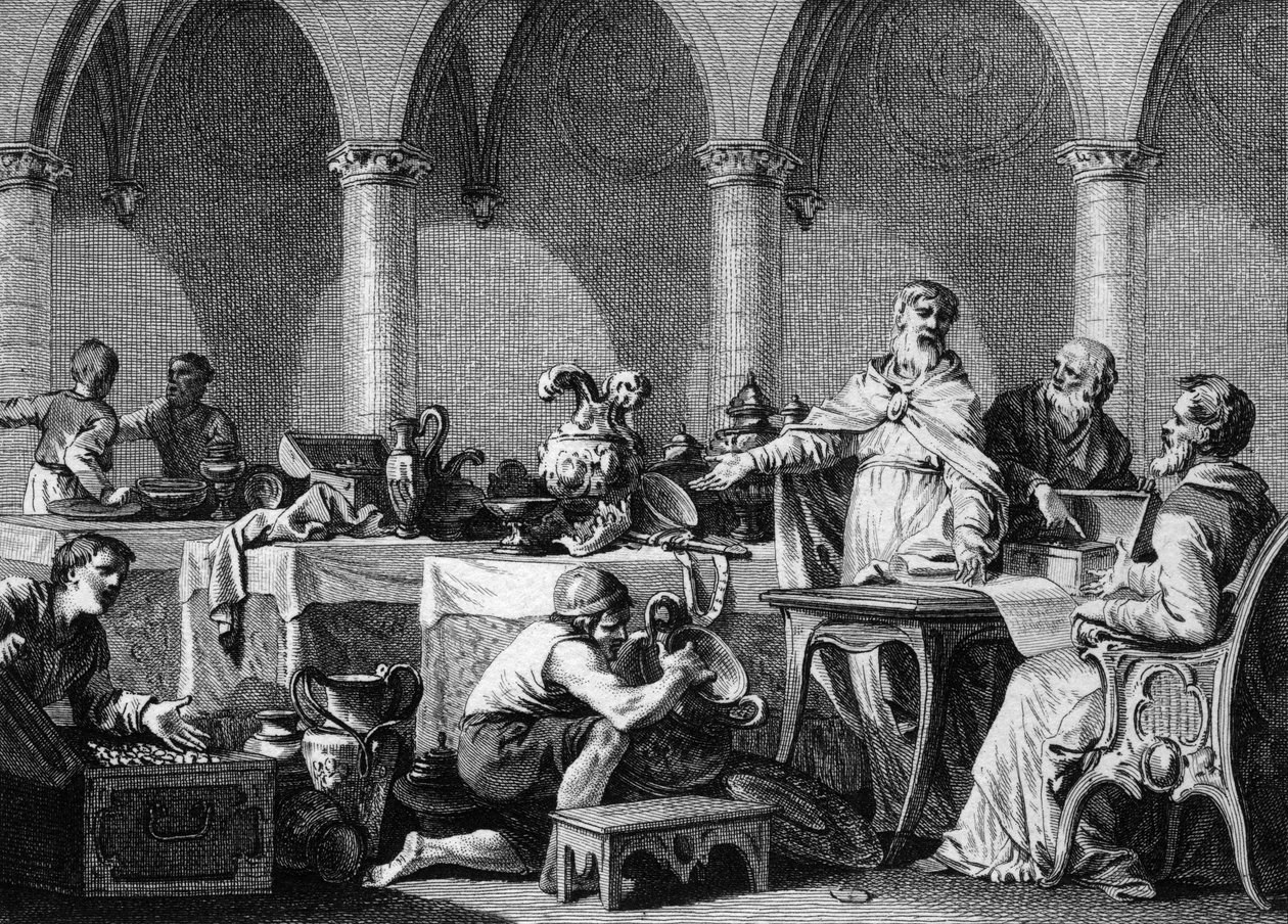 Verdeling van de schatten van Dagobert I (602/605-638), koning van de Franken, na zijn dood, onder toezicht van de twee burgemeesters van het Pepijnpaleis van Landen en Aega. Gravure door Jean Michel Moreau, genaamd Moreau le Jeune (1741-1814) door Jean Michel the Younger Moreau