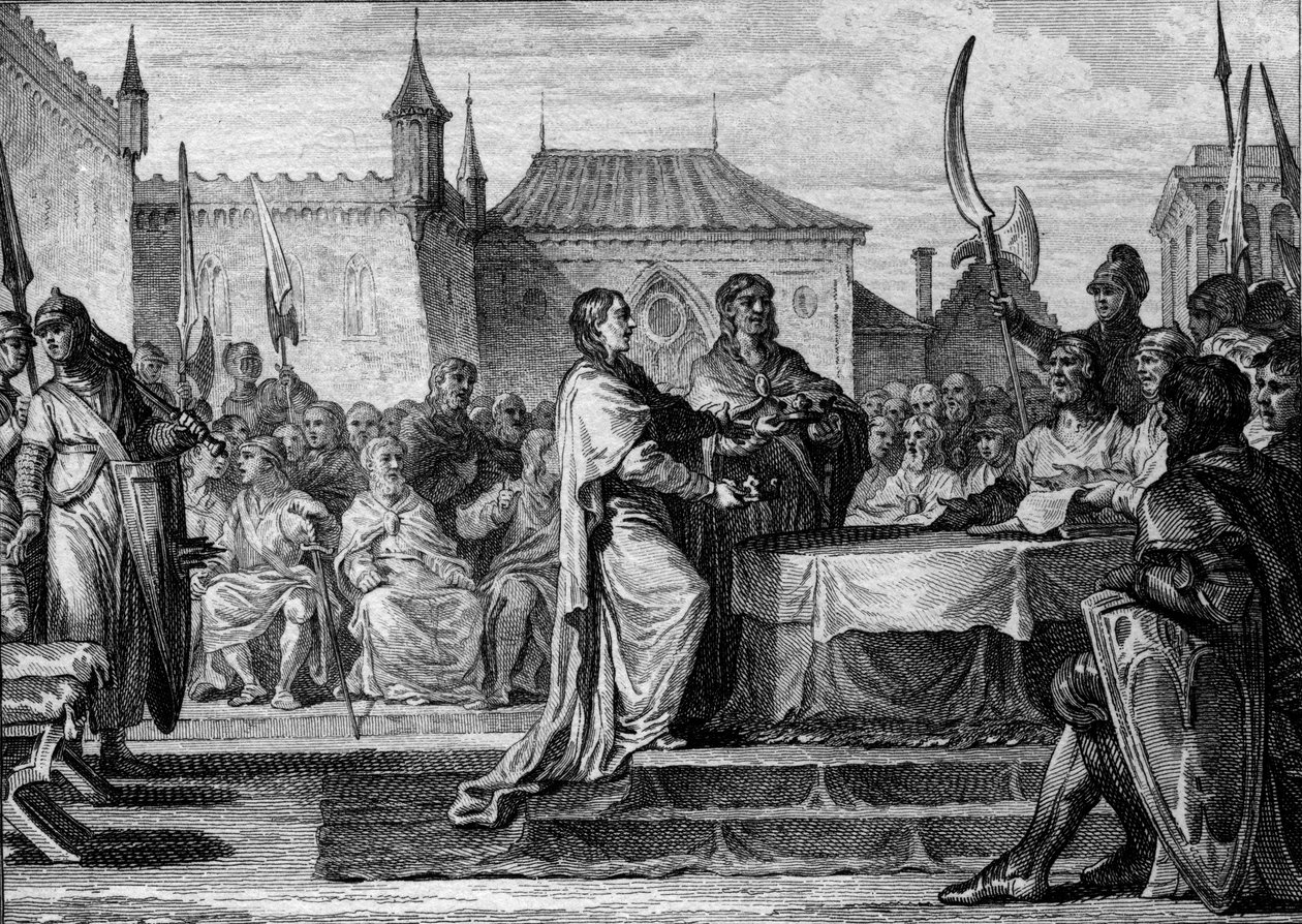 Opvolging van Pepijn de Korte, 768: een vergadering besloot het koninkrijk te verdelen tussen zijn twee zonen, Karel de Grote (747-814) en Carloman (ca. 751-771), waardoor de regelingen van Pepijn de Korte werden doorbroken. Gravure door Jean Michel Moreau door Jean Michel the Younger Moreau