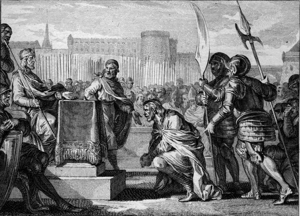 Tassilon III (Tassilo, 742-794), hertog van Beieren, buigt voor Karel de Grote (747-814), koning der Franken, in Ingelheim, 788. Hij werd veroordeeld voor verraad en ter dood veroordeeld maar eindigde zijn leven in een klooster. Gravure door Jean Michel Mo door Jean Michel the Younger Moreau