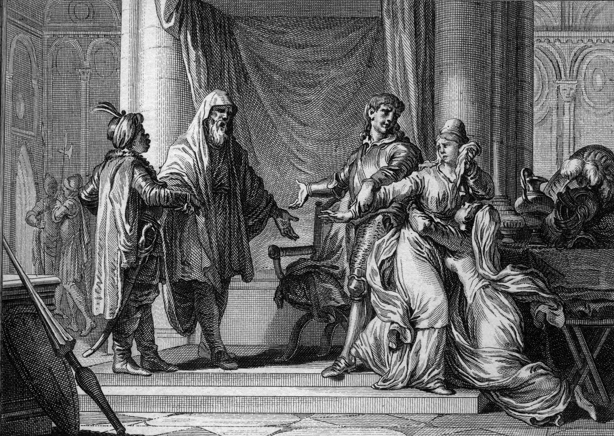De prinses van Aquitanië, Lampagie, werd door haar vader (Eudes) gedwongen te trouwen met de Moorse kapitein Munuza (Uthman ibn Naissa) om vrede te sluiten met de Saracenen, 730. Gravure door Jean Michel Moreau, genaamd Moreau le Jeune door Jean Michel the Younger Moreau