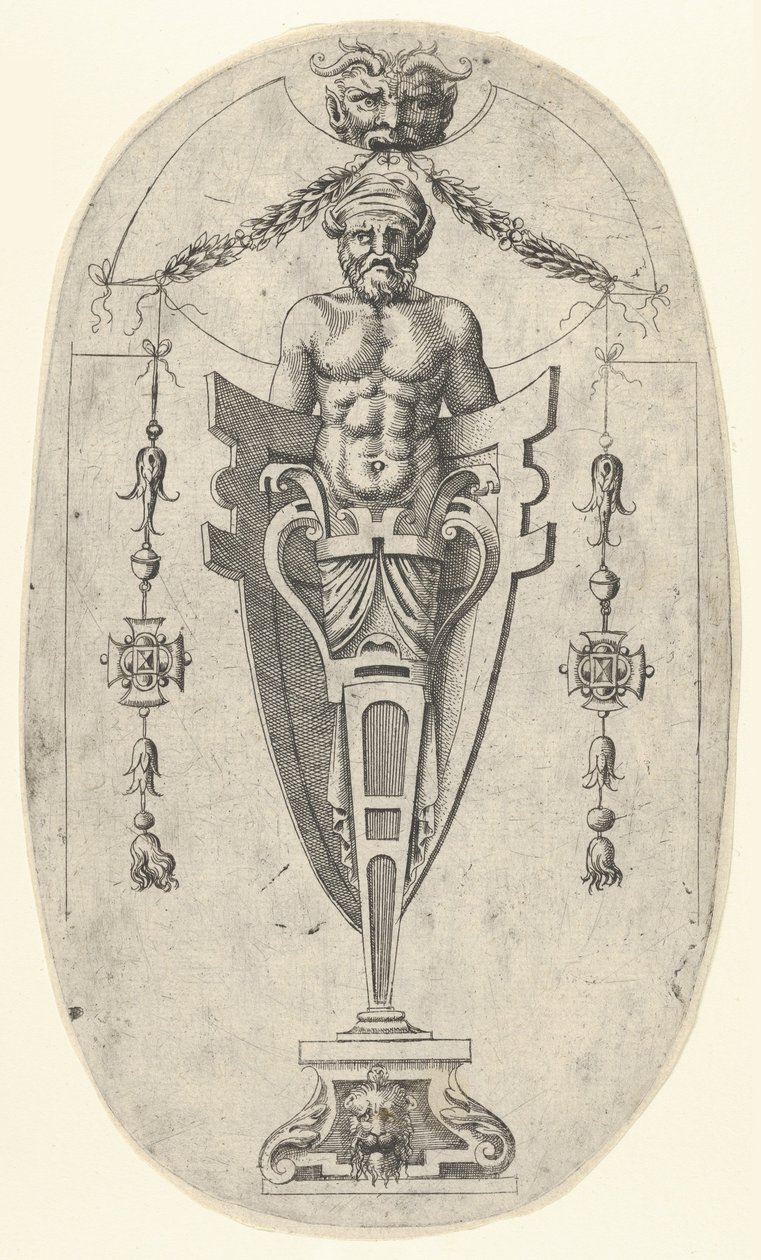Mannelijk eindfiguur, torso met baard en tulband op een halve lengte voetstuk ingesloten door Jean Mignon