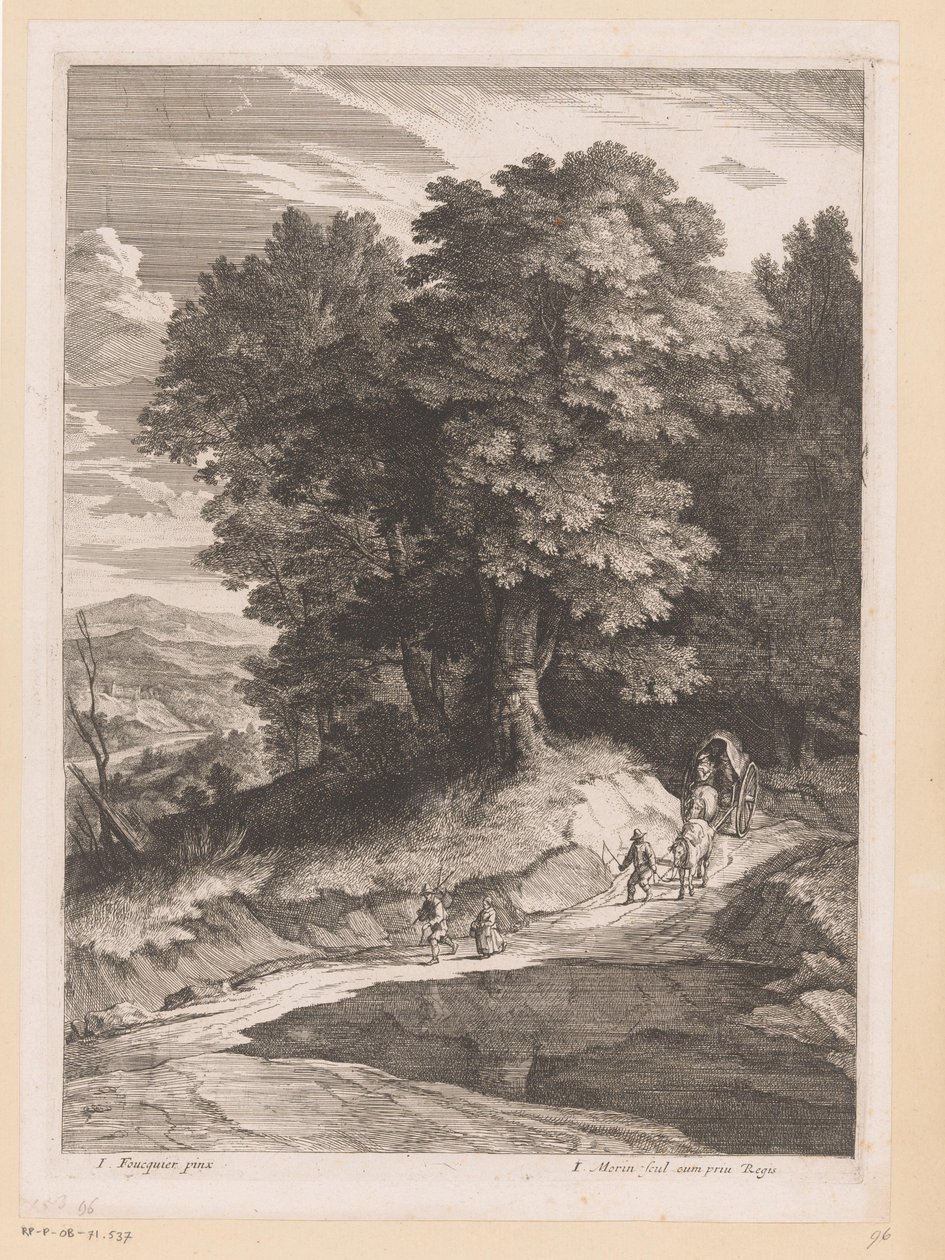 Landschap met reizigers met een kar op een pad door Jean Morin