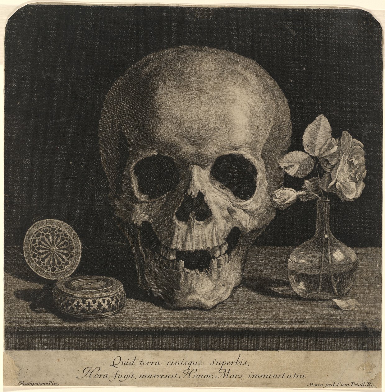 Stilleven met een schedel en een vaas met rozen door Jean Morin, after Philippe de Champaigne