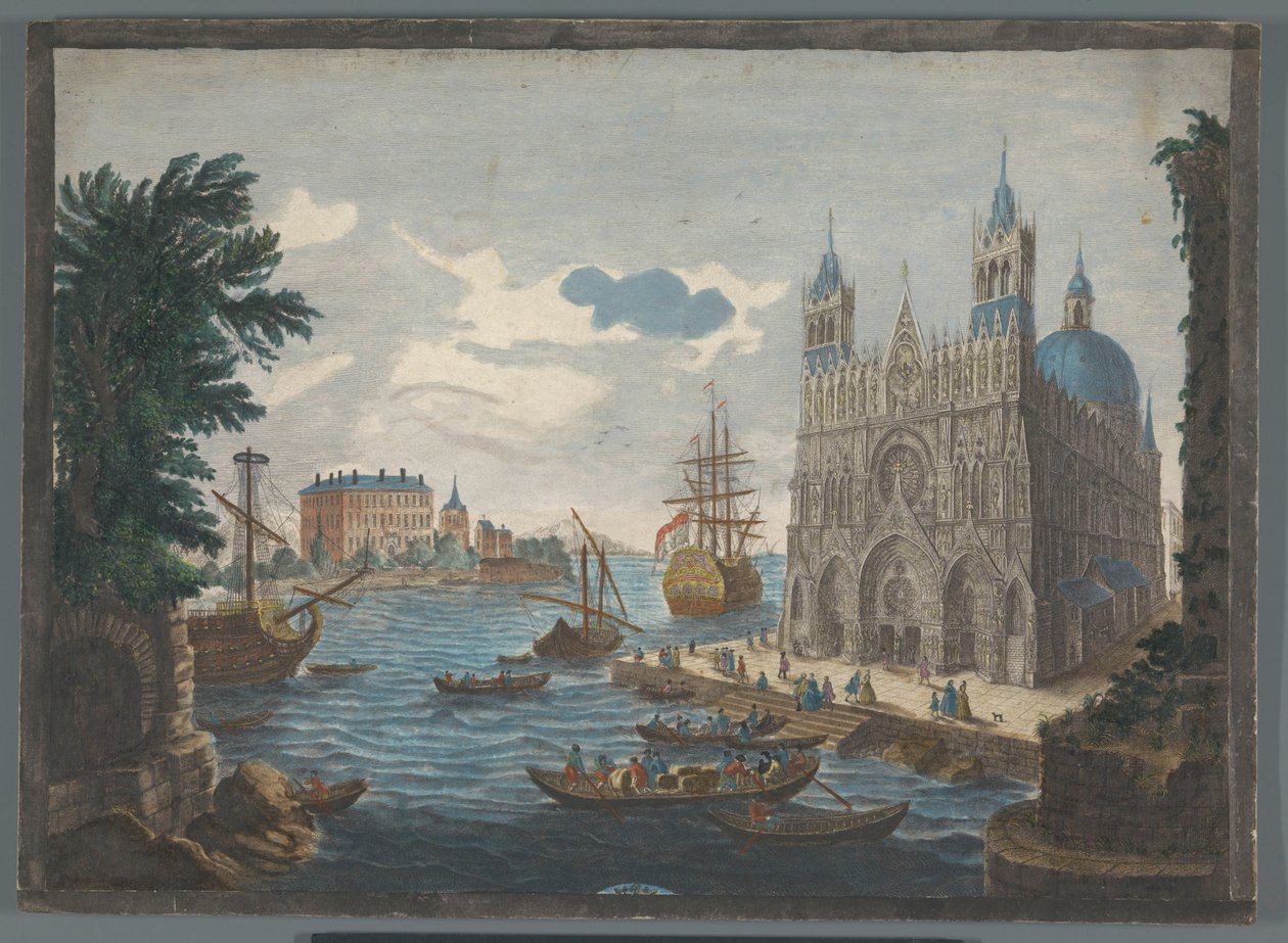 Gezicht op een gotische kathedraal aan het water door Jean Moyreau