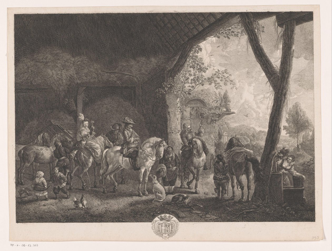 Jachtgezelschap, vertrekkend uit een stal door Jean Moyreau