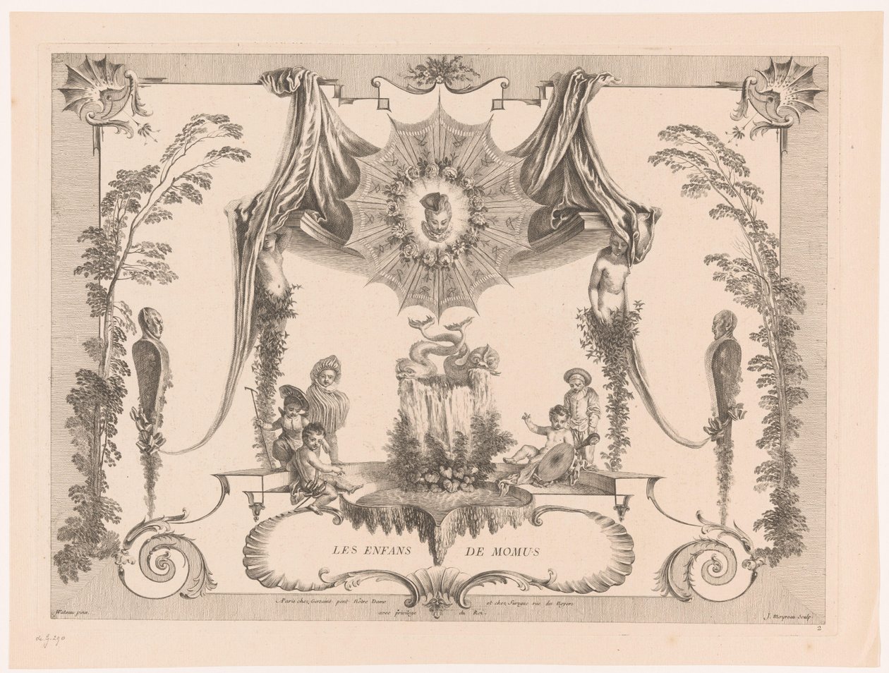 Ontwerp voor lambrisering met kinderen bij een fontein (Oeuvre van Antoine Watteau) door Jean Moyreau
