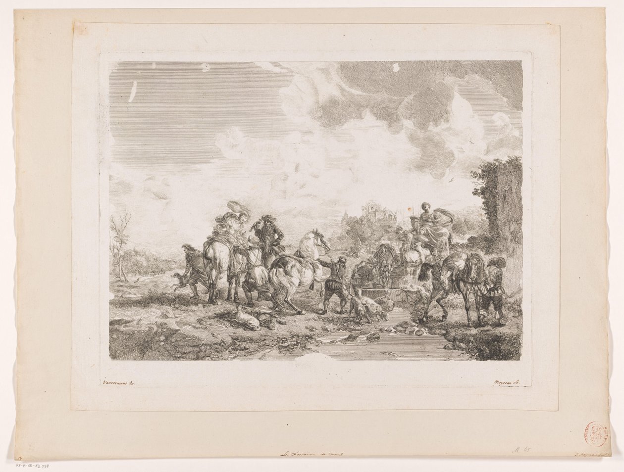 Rustend jachtgezelschap bij een fontein door Jean Moyreau