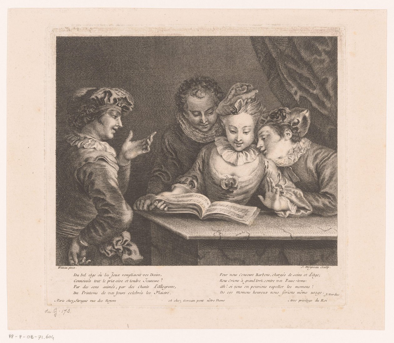 Zingende jonge vrouw en drie jongemannen aan een tafel door Jean Moyreau
