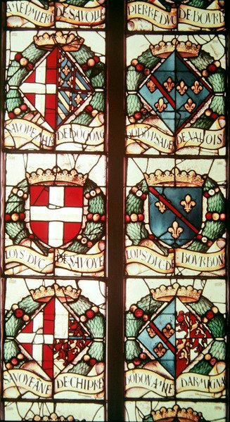 Heraldieke wapenschilden geassocieerd met Filibert van Savoye, echtgenoot van de schenker, Margaretha van Oostenrijk door Jean Orquois Jean Brachon Antoine Noisin