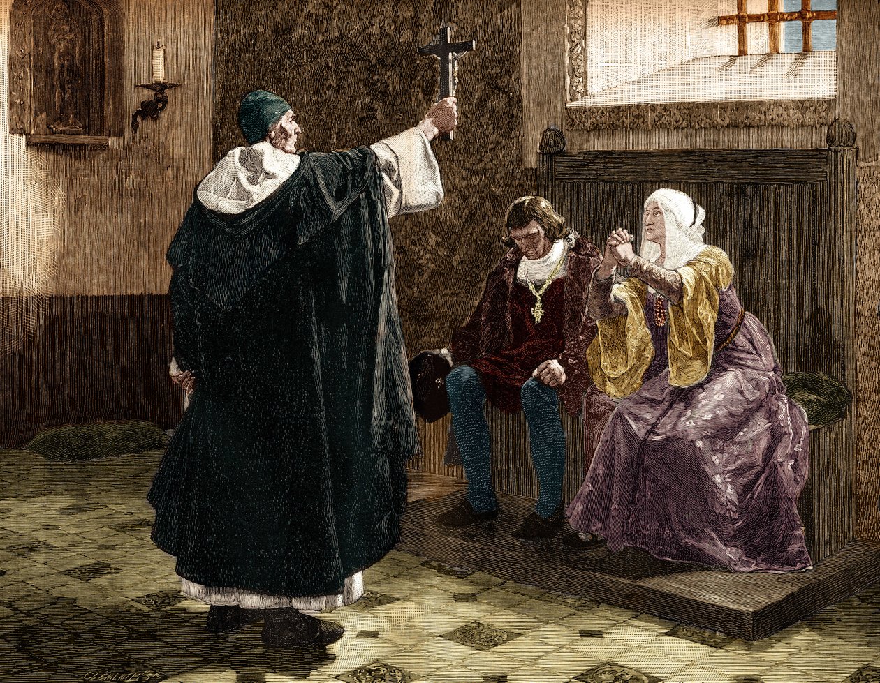 De grote Spaanse inquisiteur, Fray Tomas de Torquemada (1420-1498), tussen de katholieke koningen Ferdinand II en Isabella I van Castilië door Jean Paul (after) Laurens