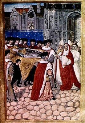 F.28r De Aankomst van het Lichaam van de Hertogin Koningin en de ontvangst door Kardinaal Philip van Luxemburg, uit het Verslag van de Begrafenis van Anne van Bretagne, 1515 door Jean Perreal
