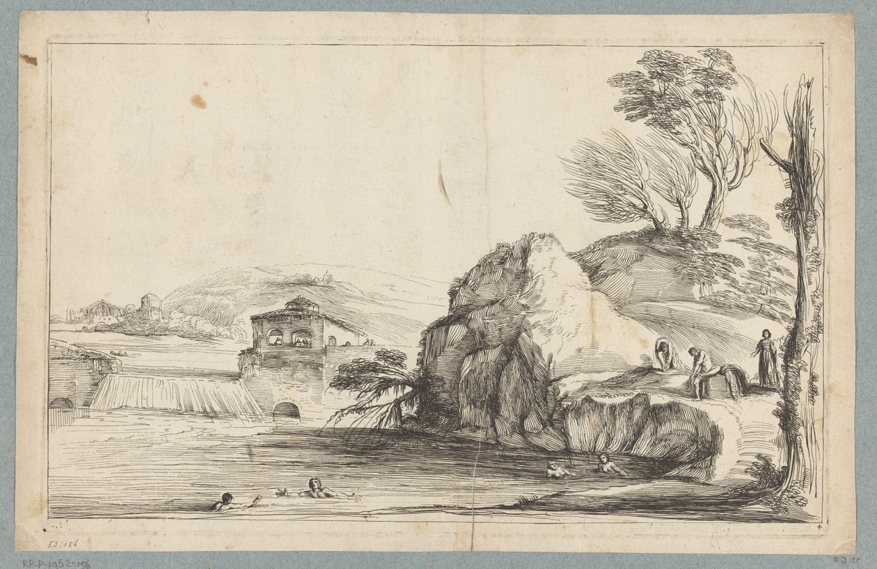 Landschap met zwemmers bij een kleine waterval door Jean Pesne