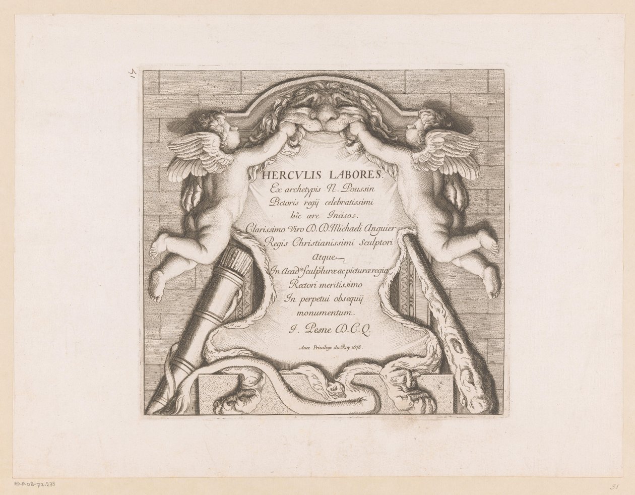 Titelprent met twee putti en de attributen van Hercules door Jean Pesne